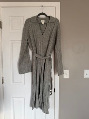 H&M Long Sleeve Tie Wast Grey Sweater Maxi Dress